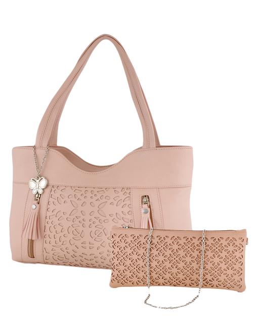 pink leatherette cutwork handbag and clutch combo - 12379318 - Very Small Image - 1