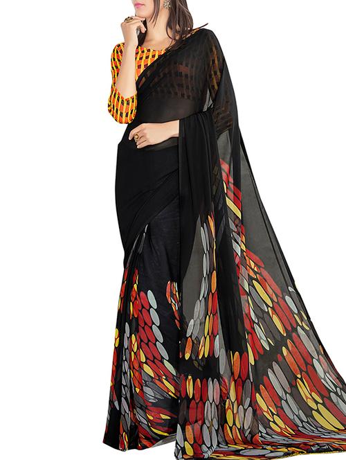 black georgette printed saree with blouse - 12382396 - Very Small Image - 1