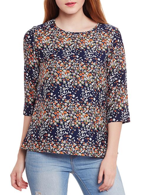 navy blue floral printed crepe top - 12383394 - Very Small Image - 1