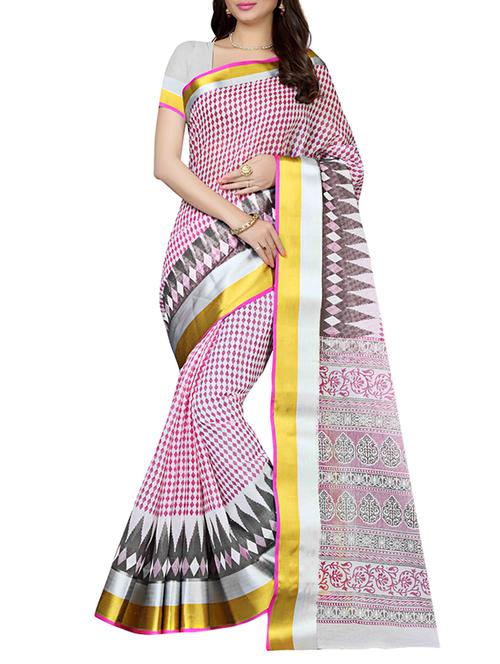 pink cotton blend saree with blouse - 12383606 - Very Small Image - 1