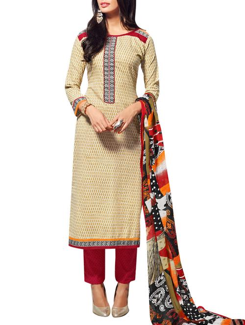 beige cotton printed unstitched suit - 1238532 - Very Small Image - 1