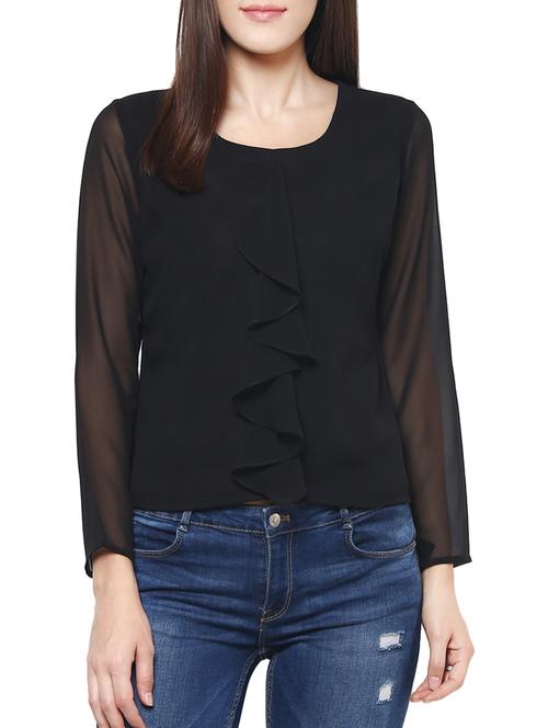 Sheer Sleeved Ruffle Detail Top - 12391698 - Very Small Image - 1