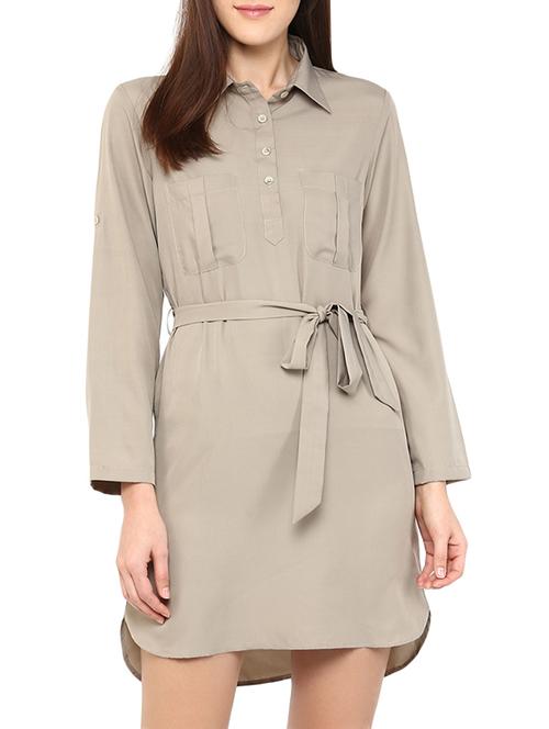 solid grey crepe belted dress - 12392078 - Very Small Image - 1