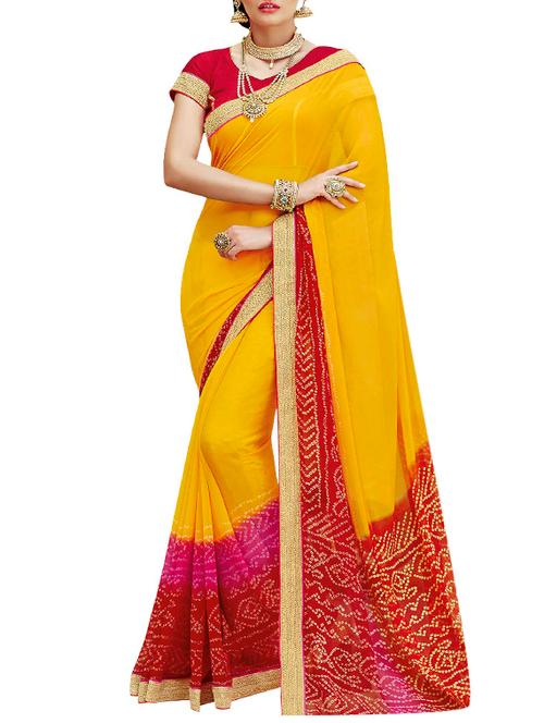 yellow georgette bandhani saree with blouse - 12395028 - Very Small Image - 1