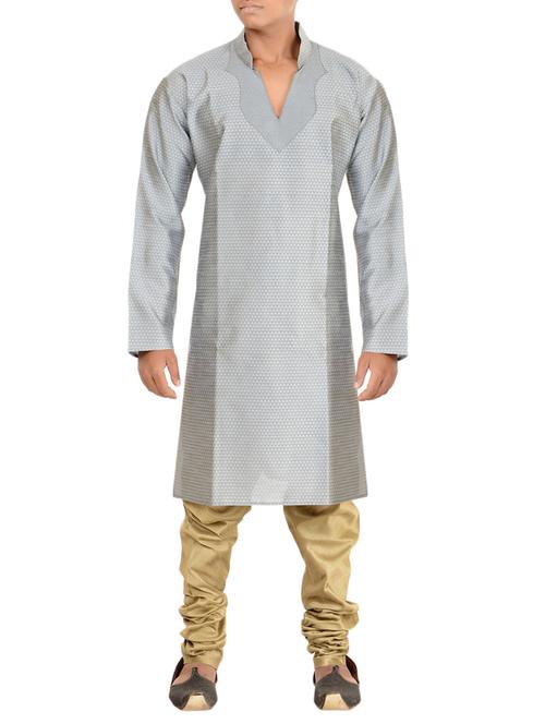 solid silver dupion kurta pyjama set - 12406119 - Very Small Image - 1