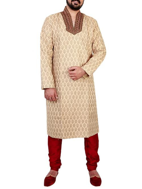cream pure silk kurta pyjama set - 12407890 - Very Small Image - 1