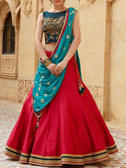 red poly silk flared lehenga - 12419181 - Very Small Image - 1