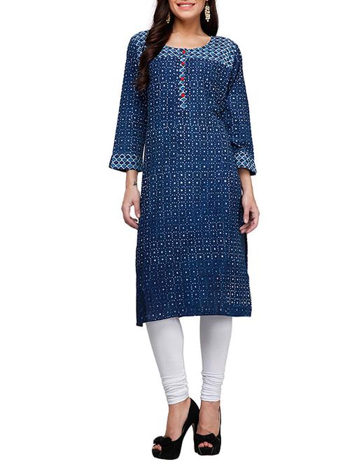 indigo cotton printed straight kurta - 12428117 - Very Small Image - 1