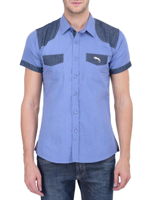 blue colour block cotton casual shirt - 12431189 - Very Small Image - 1
