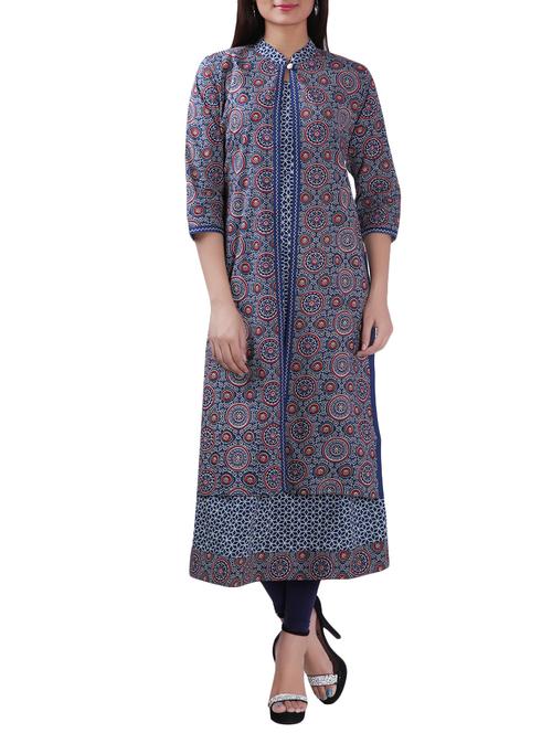 blue cotton layered a-line kurta - 12431935 - Very Small Image - 1