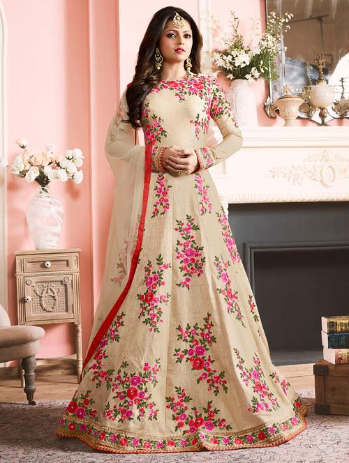 cream art silk unstitched suit - 12433341 - Very Small Image - 1