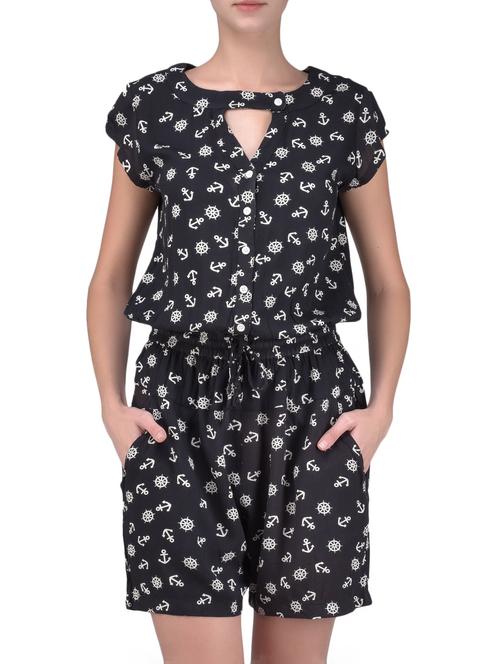 black printed cap sleeved rayon jumpsuit - 1244728 - Very Small Image - 1