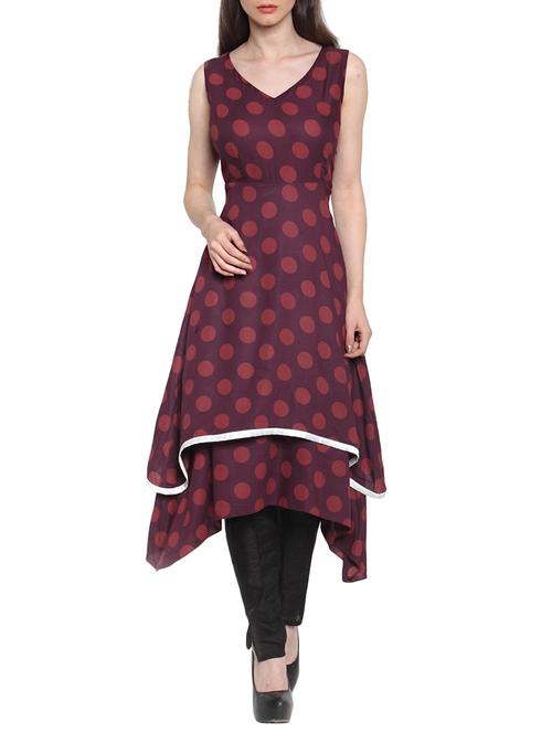 wine polka dot layered rayon kurta - 12449633 - Very Small Image - 1