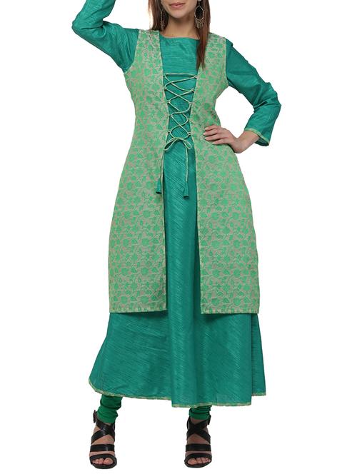 green silk straight kurta - 12453657 - Very Small Image - 1