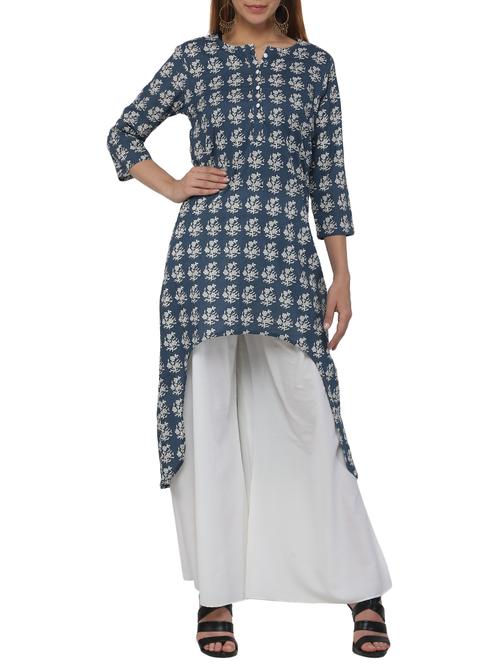 blue cotton high low kurta - 12453660 - Very Small Image - 1