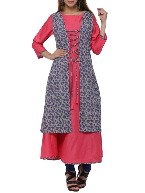 pink silk layered a-line kurta - 12455930 - Very Small Image - 1