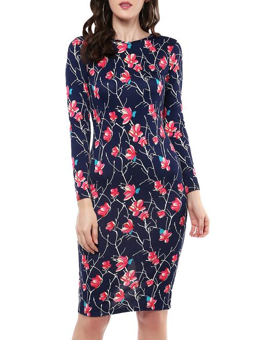 navy blue floral printed viscose bodycon dress - 12456029 - Very Small Image - 1