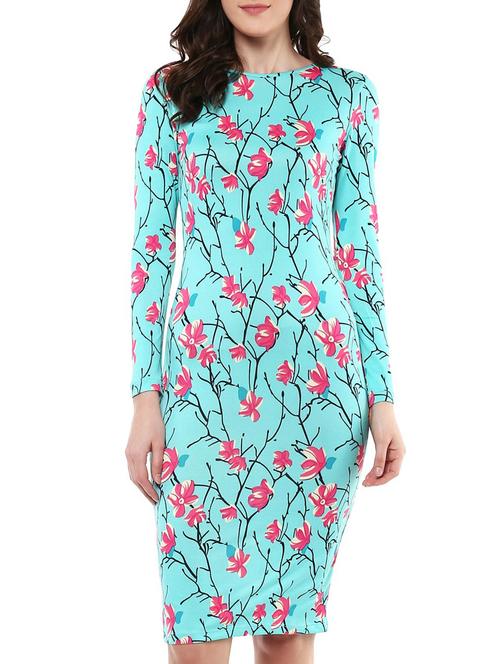 light blue floral printed viscose bodycon dress - 12456030 - Very Small Image - 1