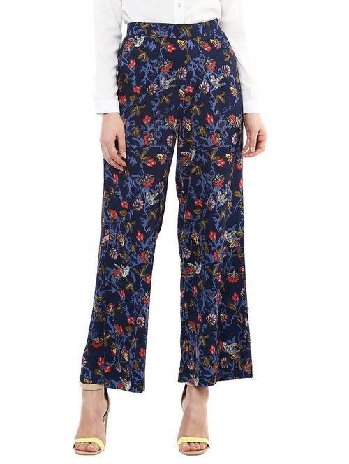 navy blue printed poly georgette flat front trouser - 12456037 - Very Small Image - 1