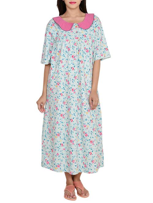 light blue floral printed cotton nighty - 12457345 - Very Small Image - 1