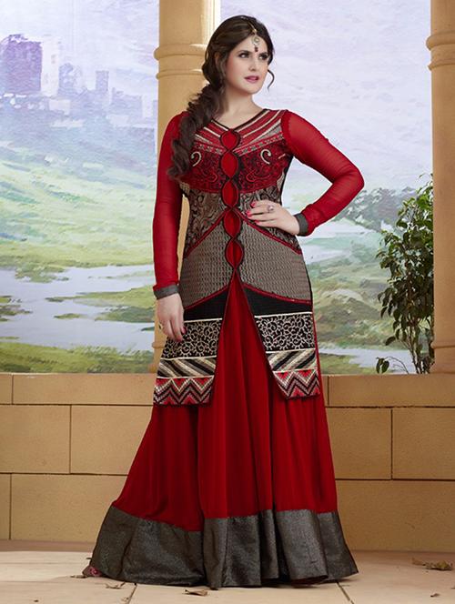 red georgette embroidered skirt suit - 12462288 - Very Small Image - 1