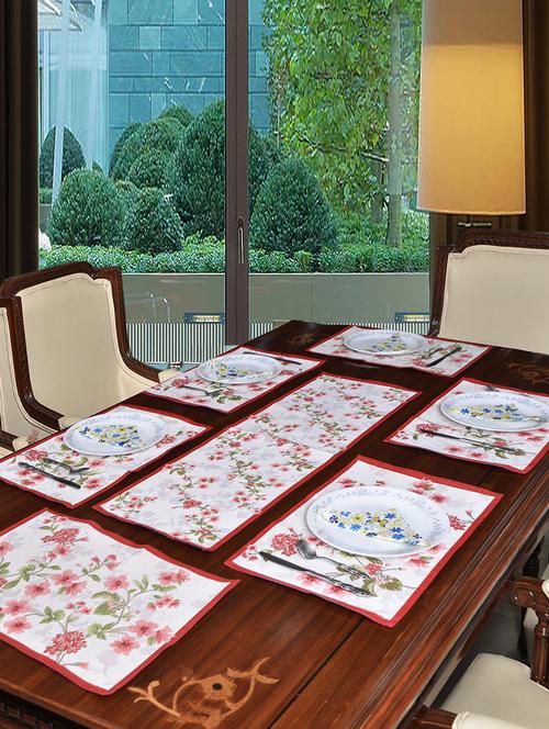 avira home blossom table mat  runner set-7 pcs (6 placemats & 1 runner)-machine washable - 12463944 - Very Small Image - 1