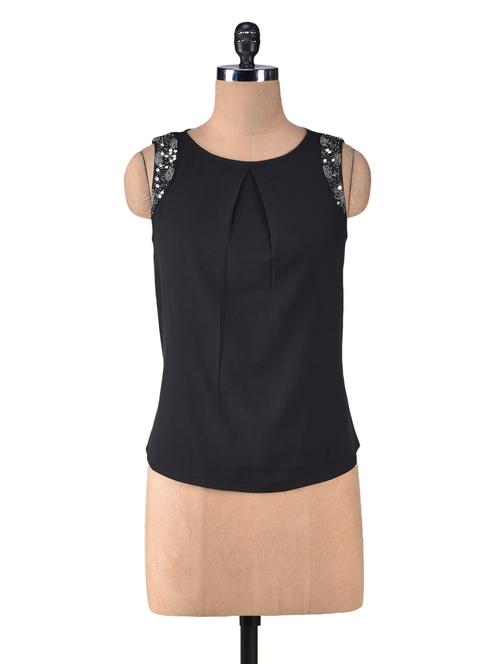 Black Polycrepe Sequined Top - 1246523 - Very Small Image - 1