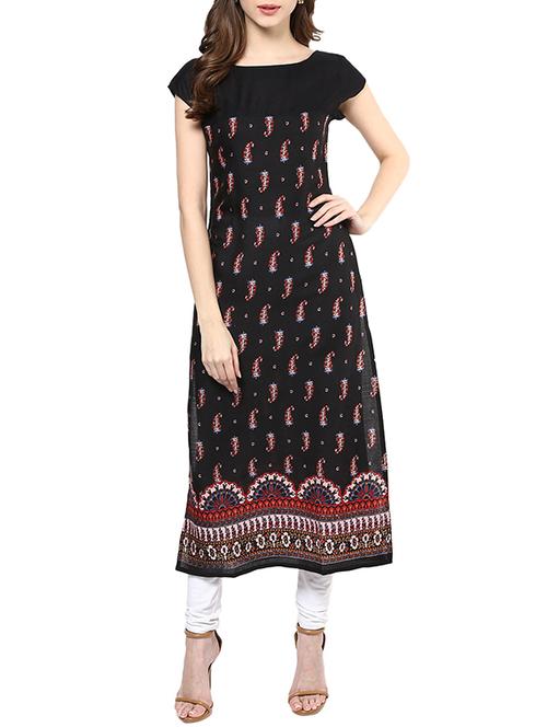 black rayon printed long kurta - 12475064 - Very Small Image - 1