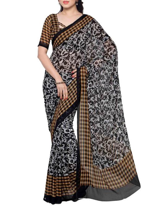black chiffon printed saree with blouse - 12475655 - Very Small Image - 1