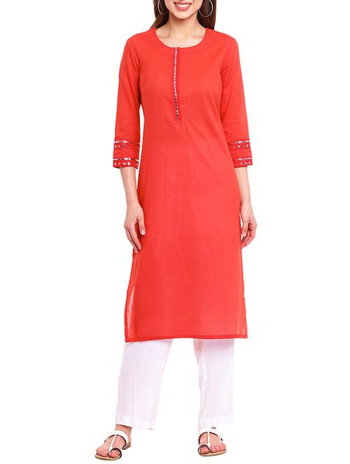 red cotton straight kurta - 12475873 - Very Small Image - 1