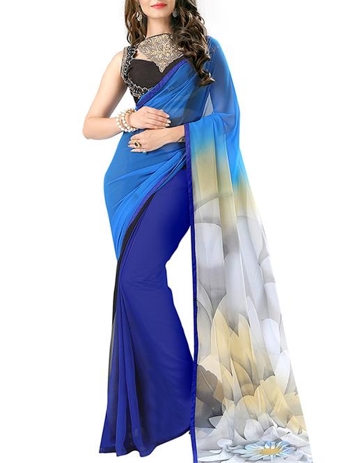 sky blue & blue georgette printed half & half saree with blouse - 12491138 - Very Small Image - 1