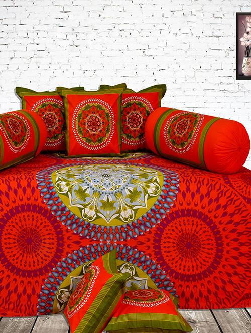 Salona Bichona 100 % Cotton Red Printed Diwan Set - 12492579 - Very Small Image - 1