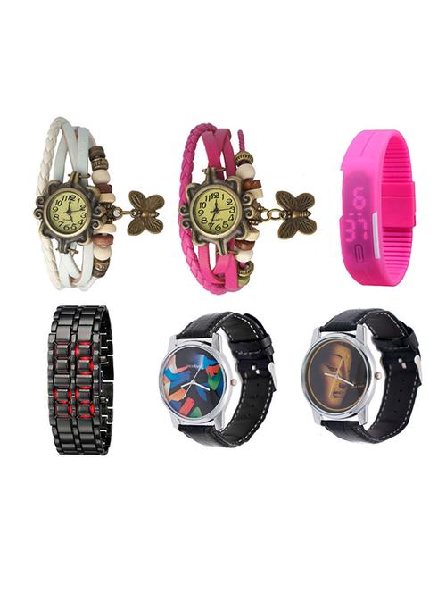 set of 6 jack klein synthetic leather analog-digital watch(su_jk_g4_g5_vntg_wht_pnk_ld  set of 6 - 12494728 - Very Small Image - 1