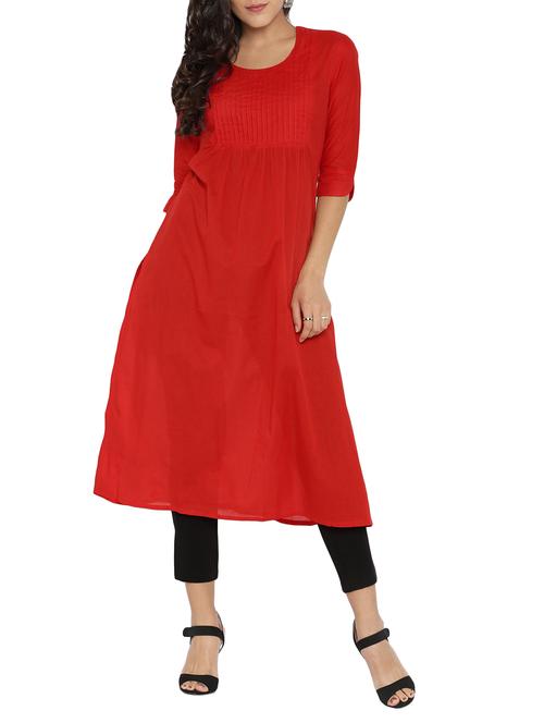 red cotton long kurta - 12496410 - Very Small Image - 1
