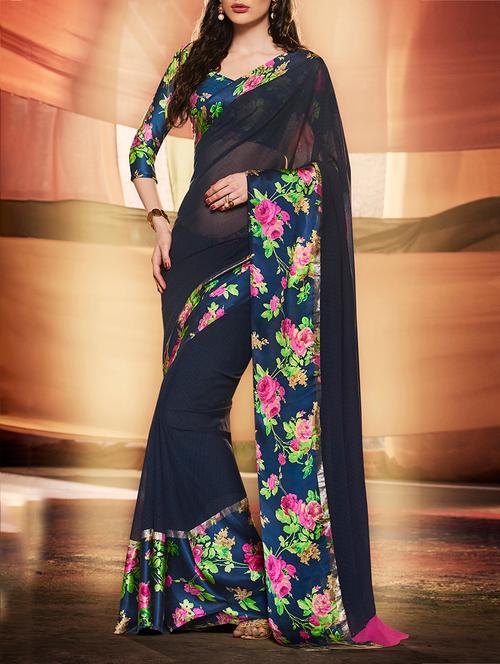 blue printed bordered saree with blouse - 12503295 - Very Small Image - 1