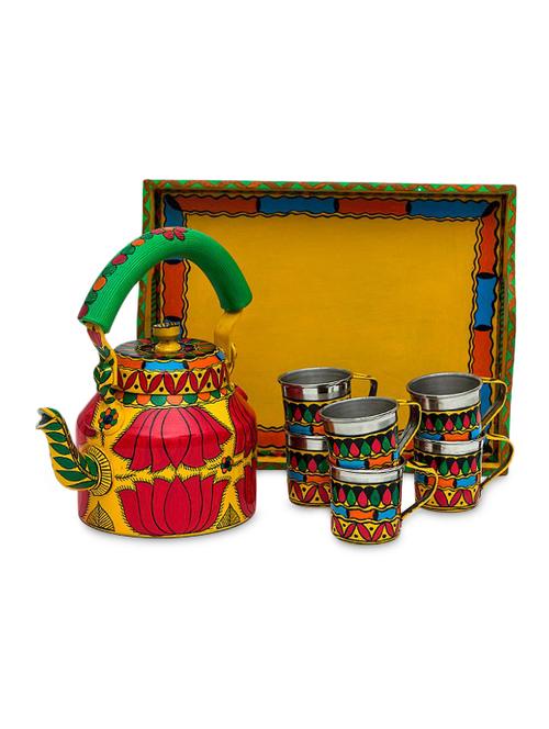 multicoloured lotus handpainted tea set (8pcs) - 1250433 - Very Small Image - 1