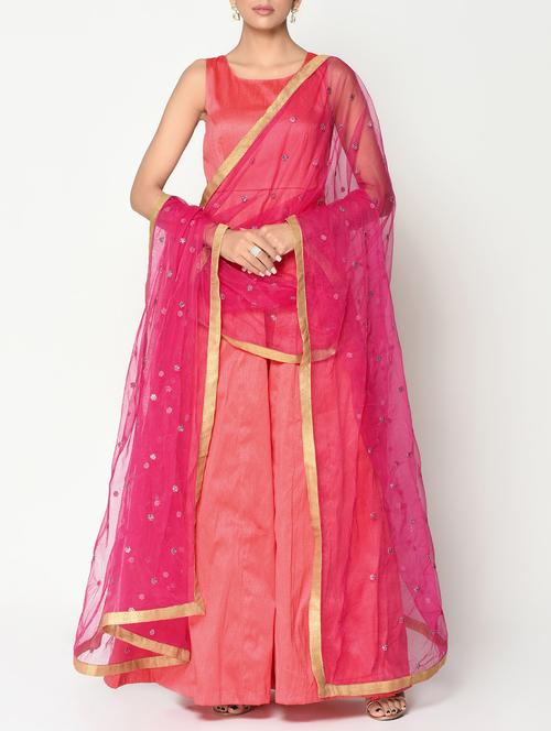 pink raw silk kurta and net dupatta set - 12511841 - Very Small Image - 1