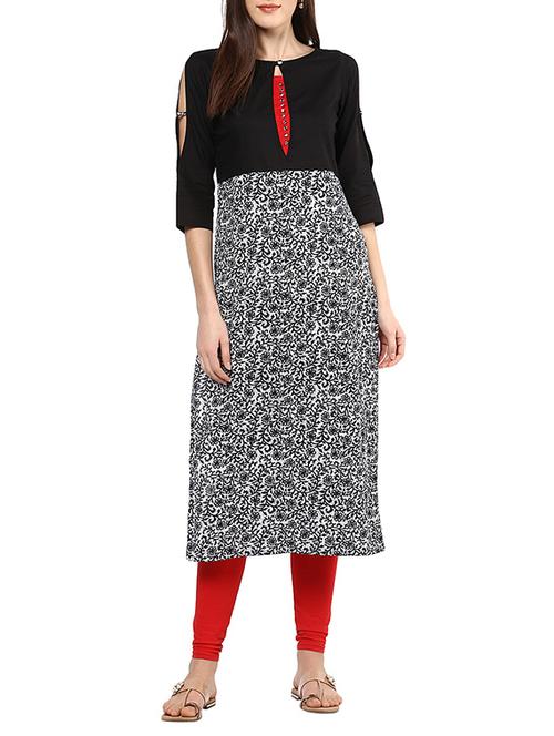 black cotton printed  straight kurta - 12512406 - Very Small Image - 1