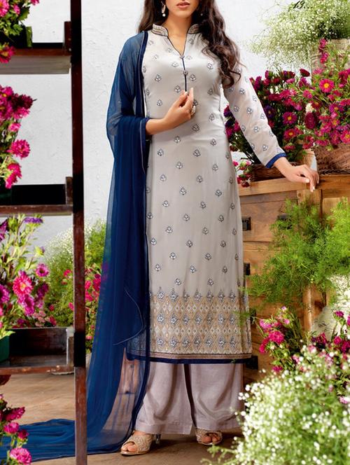 grey georgette unstitched suit - 12513591 - Very Small Image - 1