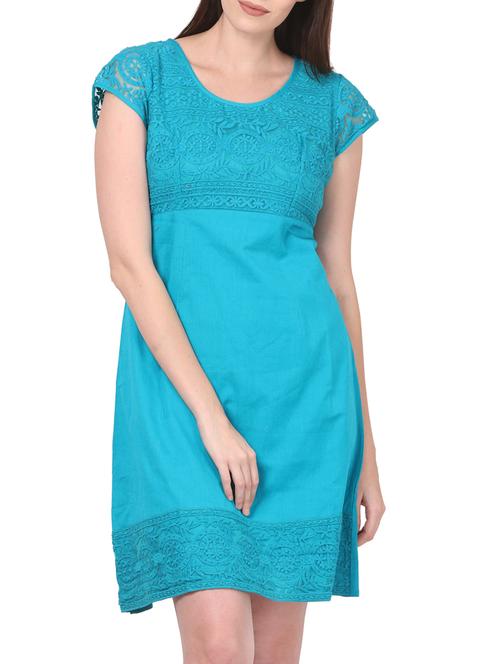 Solid turquoise embroidered linen dress - 12515256 - Very Small Image - 1