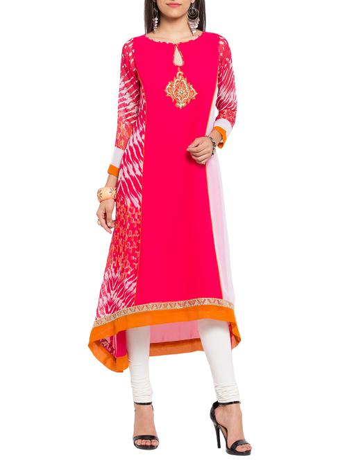 pink georgette high low kurta - 12518292 - Very Small Image - 1
