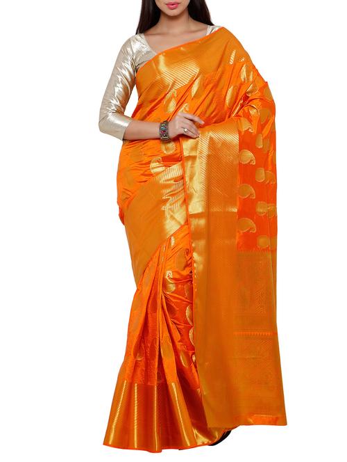orange art silk banarasi saree with blouse - 12518906 - Very Small Image - 1