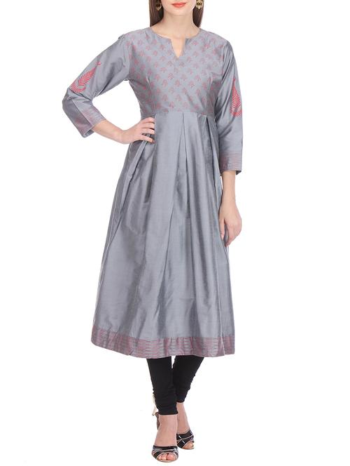 silver grey chanderi pleated block print kurta - 12523683 - Very Small Image - 1