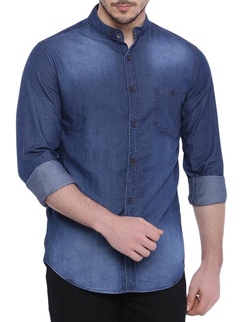 dark blue denim casual shirt - 12524507 - Very Small Image - 1
