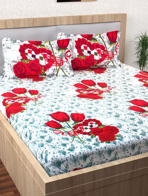 100% cotton red floral 1 double bedsheet with 2 pillow covers - 12524900 - Very Small Image - 1
