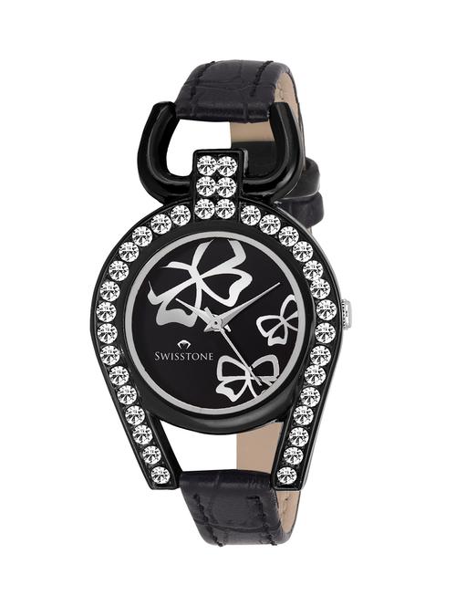 crystal studded black dial black leather strap analog wrist watch - 12526829 - Very Small Image - 1