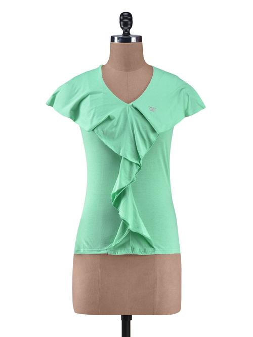 solid green cotton knit frilled top - 1253172 - Very Small Image - 1