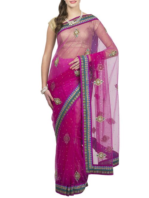 magenta net embellished saree with blouse - 12550148 - Very Small Image - 1