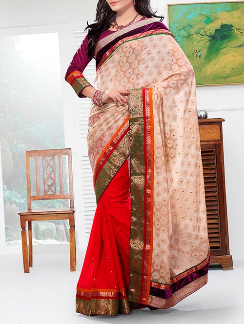 cream georgette half and half saree with blouse - 12554236 - Very Small Image - 1