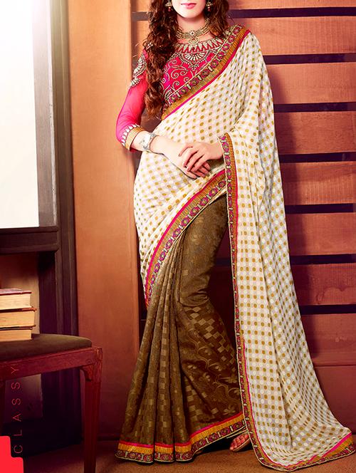 beige crepe saree with blouse - 12554240 - Very Small Image - 1